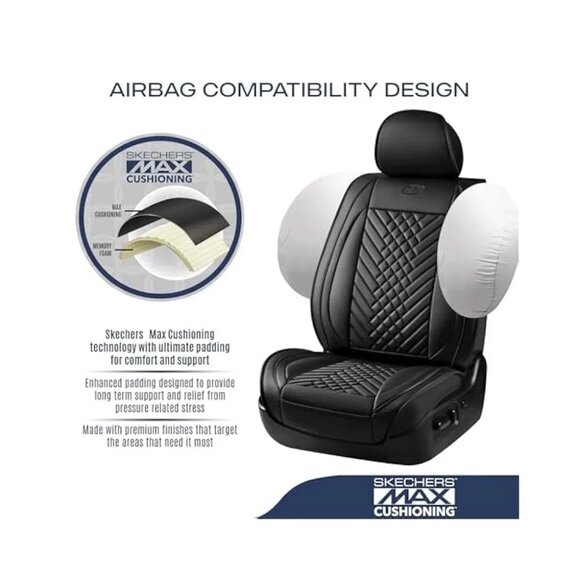 Skechers Memory Foam Car Seat Covers Universal Front Seats, Waterproof, Black - Picture 4 of 5
